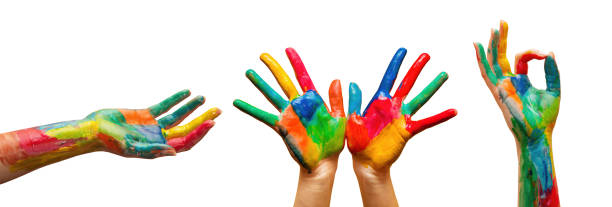 istock Hands painted in colorful paint in gestures collection, set on white background 1475011186