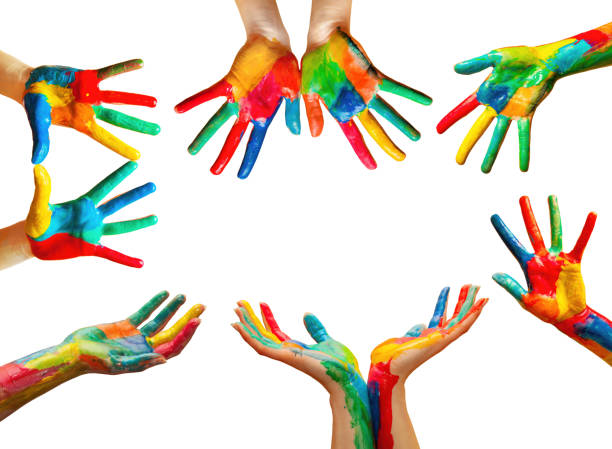 istock Hands painted in colorful paint in gestures collection, set on white background 1475011190