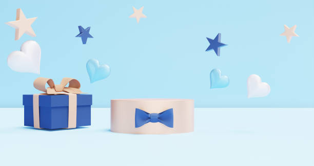 istock Father's day celebration. Podium pedestal with bow tie and gift box. 3D rendering 1475012078