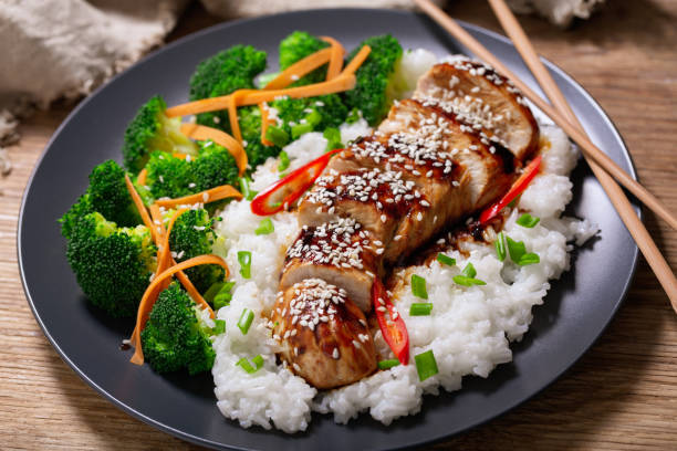 istock Plate of teriyaki chicken with vegetables and rice 1475012400