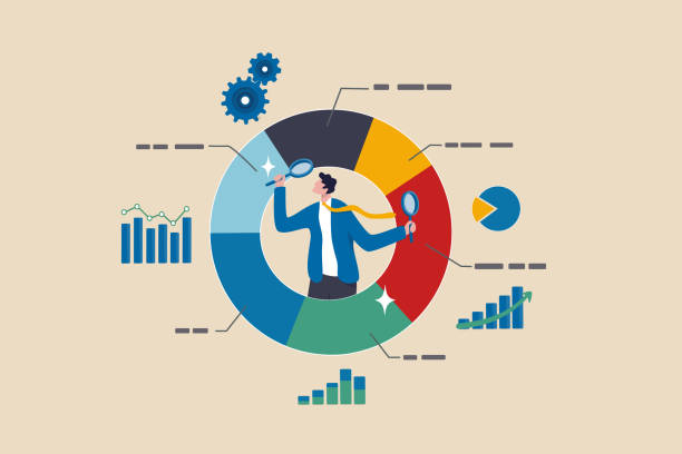 Analyze data, financial research analytics, data analysis, chart and graph or diagram, database report or predictive visualization concept, businessman with magnifying glass analyzing pie chart data. Analyze data, financial research analytics, data analysis, chart and graph or diagram, database report or predictive visualization concept, businessman with magnifying glass analyzing pie chart data. market intelligence stock illustrations