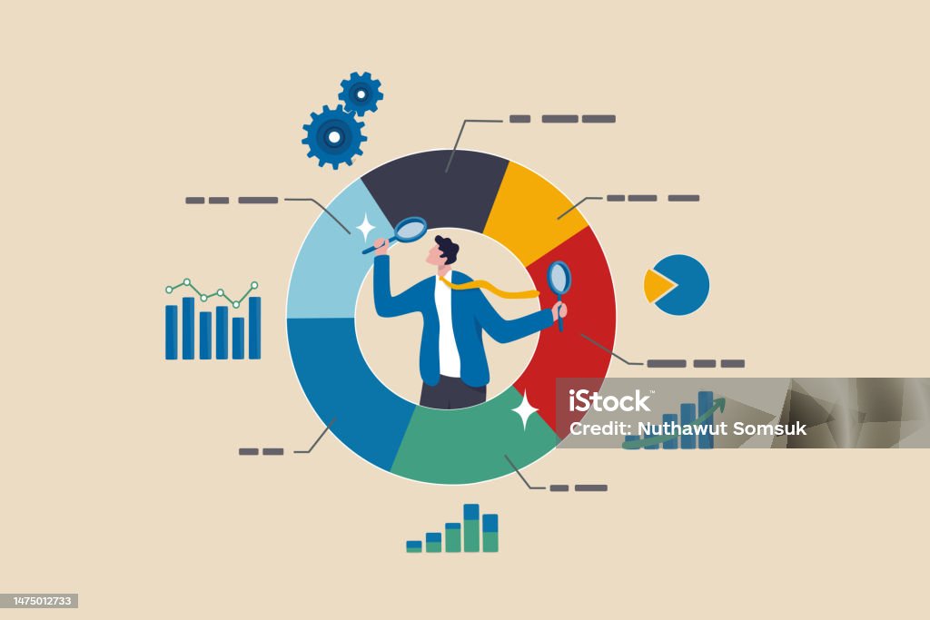 Analyze data, financial research analytics, data analysis, chart and graph or diagram, database report or predictive visualization concept, businessman with magnifying glass analyzing pie chart data. - 免版稅分析圖庫向量圖形 Analyze data, financial research analytics, data analysis, chart and graph or diagram, database report or predictive visualization concept, businessman with magnifying glass analyzing pie chart data. - 免版稅分析圖庫向量圖形