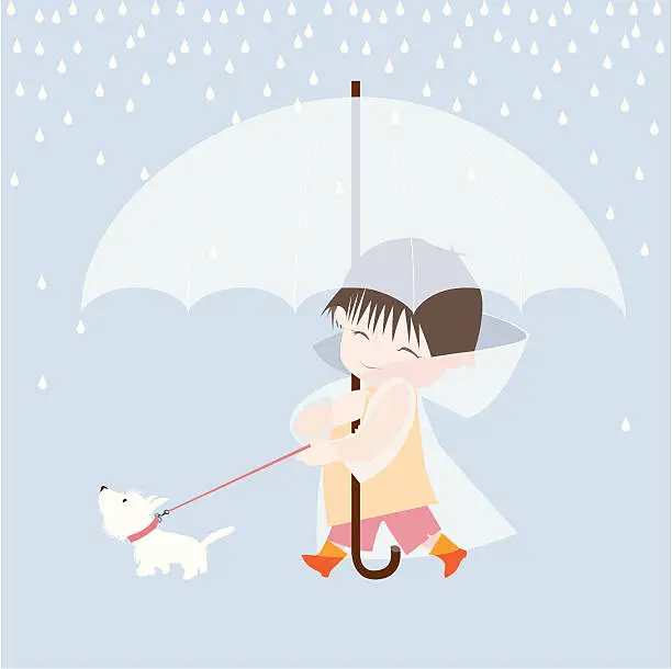 Vector illustration of Boy, Dog and Rain