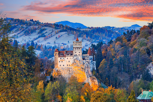 Brasov, Transylvania. Romania. The medieval Castle of Bran, known for the myth of Dracula at sunset.