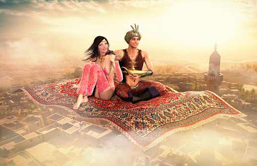 Take a magical ride with Aladdin and his beautiful princess on an enchanted flying carpet ride above the clouds, 3d render.