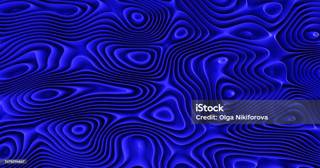 Smooth curves and circles. Blue ribbed waves. Abstract background 3d rendering. Abstract Stock Photo