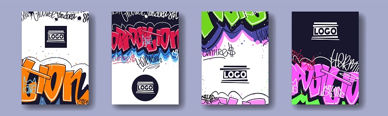 Urban street art. Paint spray posters. Abstract wall graffiti style. Scribble texture. Modern text words. Underground culture lettering. Grunge logo design banners set. Vector illustration backgrounds