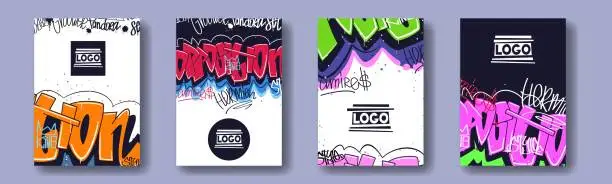 Vector illustration of Urban street art. Paint spray posters. Abstract wall graffiti style. Scribble texture. Modern text. Underground culture lettering. Grunge logo design banners set. Vector backgrounds