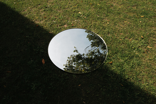 A large round mirror on the ground, reflecting the sky and a tree