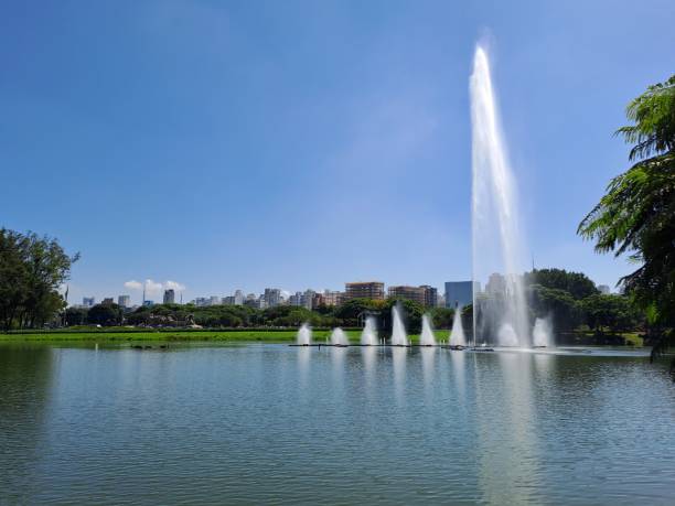 Lagoon in the Ibirapuera park with its fountain water show. Neighborhood in the background. Clear sky. São Paulo, SP.