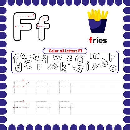 Alphabet Tracing Worksheet with letters. Writing practice letter F. Educational game for kids. Activities and Exercises for preschool and kindergarten. ABC printable pages.