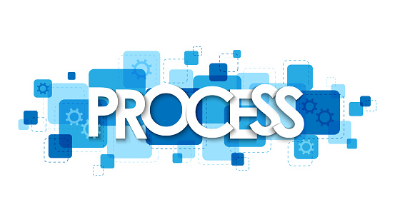 PROCESS blue vector typography banner with cogs on white background