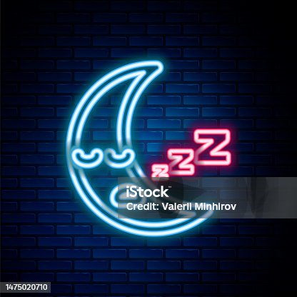 istock Glowing neon line Moon icon isolated on brick wall background. Cloudy night sign. Sleep dreams symbol. Night or bed time sign. Colorful outline concept. Vector 1475020710