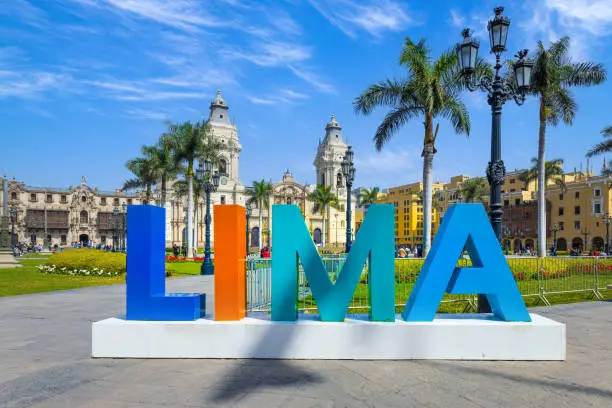 Photo of Lima, Peru, Archbishop Palace on colonial Central plaza Mayor or Plaza de Armas in historic center