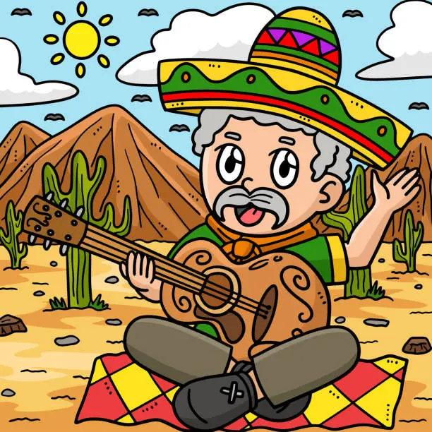 Vector illustration of Cinco de Mayo Man Playing Guitar Colored Cartoon