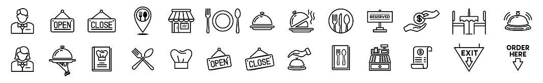 Restaurant icons vector set. Pin map, cafes, open, clossed, bell, spoon, fork, knife, plate, recipe book, chef hat, cashier machine, receipt, payment, employee, cloche, food icon. Symbol illustration