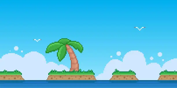 Vector illustration of 8bit pixel art illustration of landscape of palm tree and separate islands