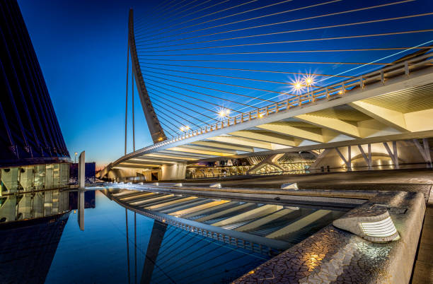 Assut de lOr Bridge reflected in water. Photo was taken on the 10th of February 2023 in the City of Arts and Sciences complex, Valencia, Spain.