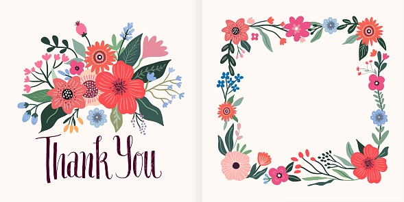 Thank You cards with floral design, different flowers bouquet and floral frame, border for invitation or special events