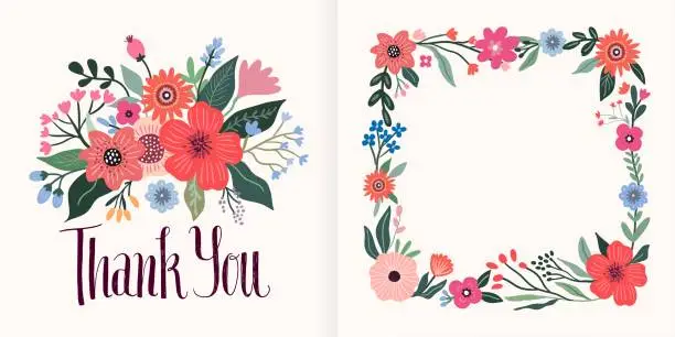 Vector illustration of Thank You cards with floral design, different flowers bouquet and floral frame, border for invitation or special events