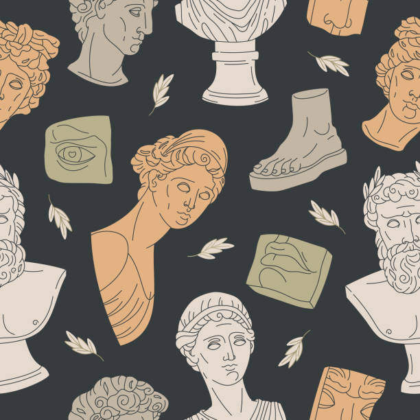 klasyczna grecka rzeźba bezszwowy wzór. antyczne marmurowe głowy i części ciała, greckie starożytne rzeźby bogów płaska ilustracja wektorowa - pattern seamless backgrounds greek culture stock illustrations