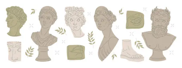 Vector illustration of Greek marble sculptures. Antique sculptures and statues, classic ancient greek god and goddess heads and body parts flat cartoon vector illustration set