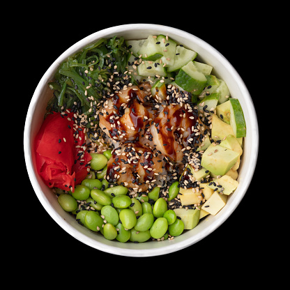 Poke bowl with shrimps in takeout bowls for different dieting habits. Disposable paper containers with healthy food. Close up, copy space, top view, background.