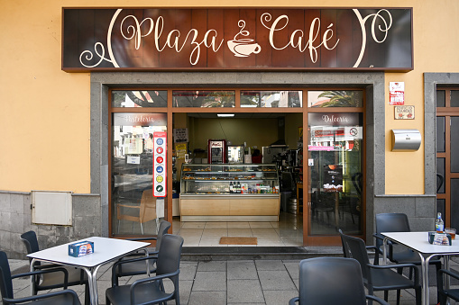 Adeje,  Tenerife, Spain, February 11, 2023 - Plaza Café Adeje, Pl. de la Cruz del Llano, Canary Islands