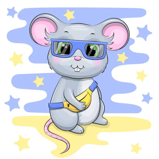 Vector illustration of Cute cartoon mouse wearing blue glasses and a yellow fanny pack.