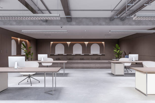 istock Modern coworking office interior with furniture, equipment and decorative objects. 3D Rendering. 1475030839
