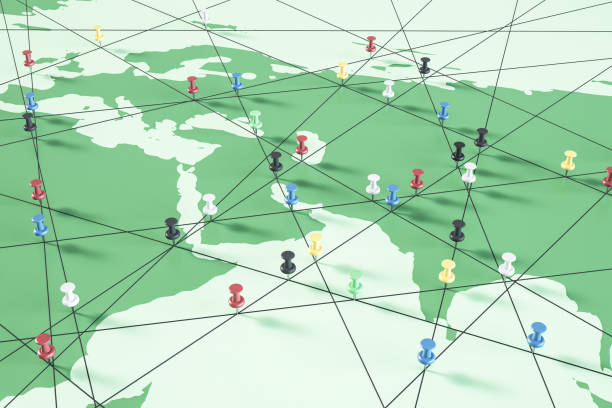 istock Creative green map with pins. Adventure, discovery, navigation, communication, logistics, geography, transport and travel theme concept background. 3D Rendering. 1475030986