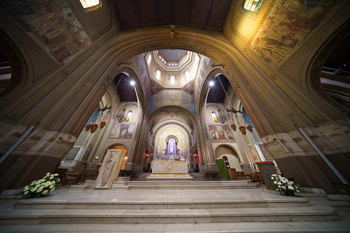Milan, Italy - January 21, 2023: Milan, Lombardy, Italy: interior of the old church of Lourdes