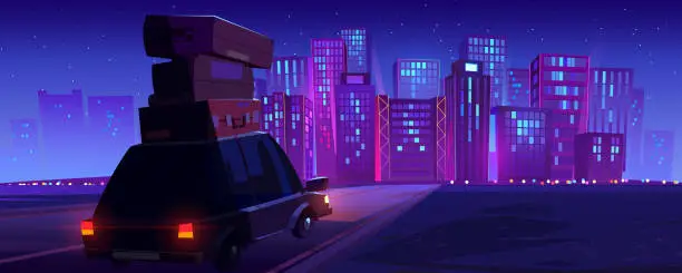 Vector illustration of Car with baggage driving road to big city at night