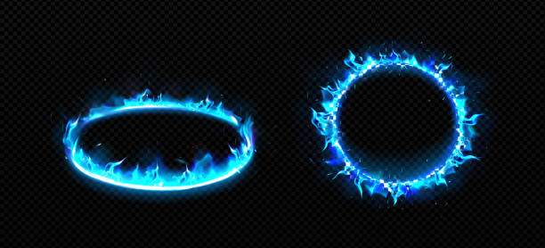 runde rahmen mit feuer. brennende ringe mit flamme - abstract blue flame backgrounds stock-grafiken, -clipart, -cartoons und -symbole