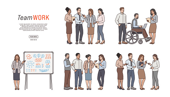 Illustration of large group of business people standing and talking. Businesswoman having presentation with whiteboard. Teamwork concept. Business meeting.