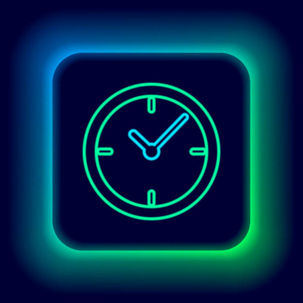 istock Glowing neon line Clock icon isolated on black background. Time timer sign. Colorful outline concept. Vector 1475035026