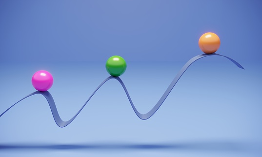 Multi colored balls standing on top of the blue wavy rising ribbon on blue background, can be used in balance, career growth, teamwork etc. concepts. (3d render)