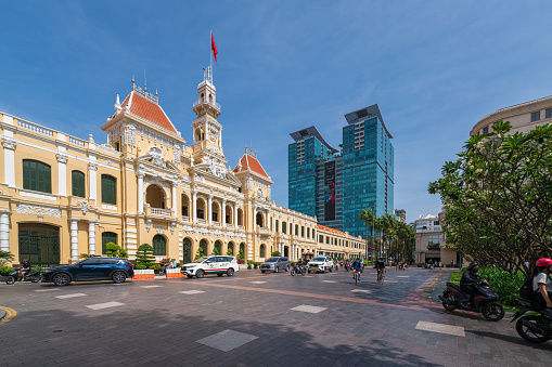 Ho Chi Minh City, Vietnam - November 06, 2022 : Architecture palace royal night, formerly property of French later People's Committees of attracting tourists sightseeing in Ho Chi Minh, Vietnam