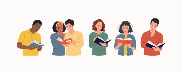 Vector illustration of Young  different women and men reading book isolated.