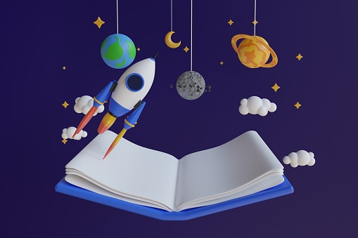 3D llustration of Astronomy Science and Education. A book that has a rocket and a planet on it. Pop up book with rocket in space. 3d Rendering