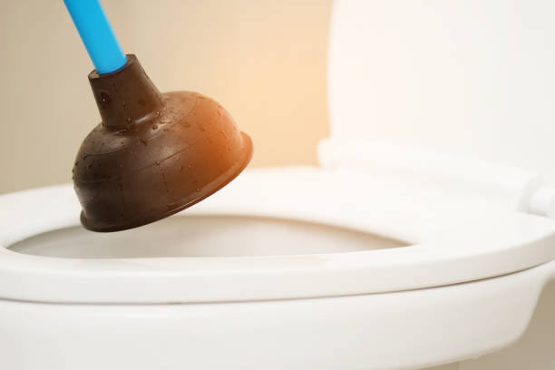 Serviceman repairing toilet with hand plunger. Clogged toilet. stock photo