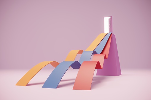 Multi colored ribbons moving up to the opening door. (3d render)