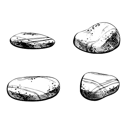 Pebbles, stones of various shapes. Black and white hand-drawn illustration in graphic technique. Isolated, vector objects from the NAUTICAL GRAPHICS collection. For decoration and design