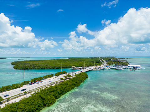 Aerial view of the island Upper Matecumbe Key and the Overseas Highway at the Florida Keys