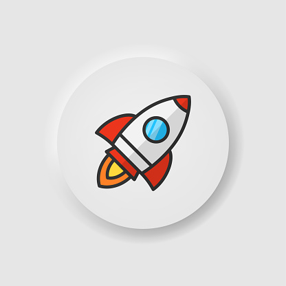 Rocket launch in clouds icon in neumorphism style. Icons for business; white UI; UX. Project startup symbol. Launching spaceship with flame. Neumorphic style. Vector illustration
