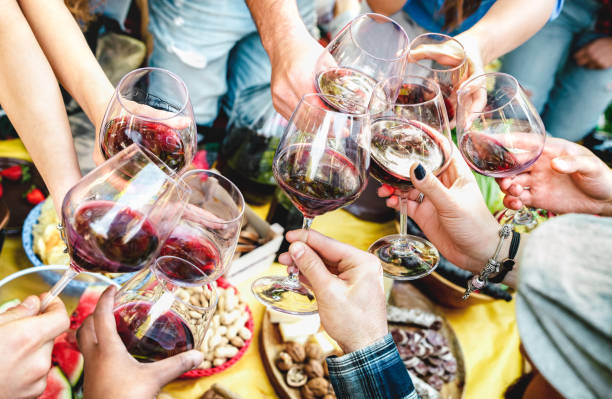 People hands toasting red wine and having fun out side cheering at winetasting experience - Young friends enjoying harvest time together at farm house picnic - Food and beverage life style concept stock photo