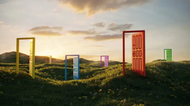 Multi colored abstract opening doors on grassy field on sunny summer day. (3d render)