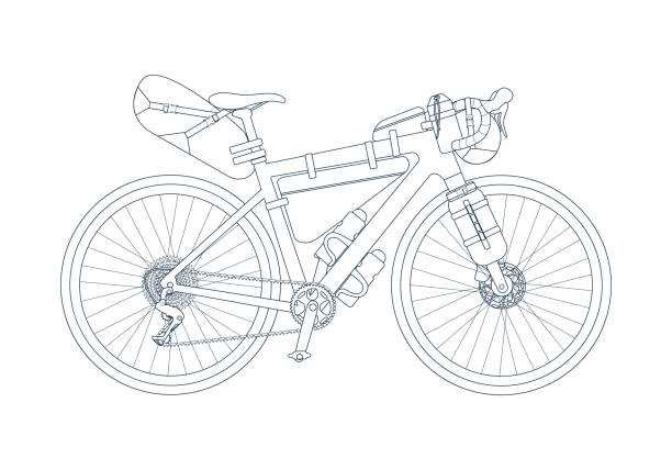 안장, 프레임, 라인 스타일의 핸들바용 바이크패킹 백이 있는 그래블 바이크 - saddlebag stock illustrations