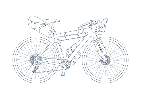 Gravel bike with bikepacking bags for saddle, frame, handlebar in line style. Road and touring bike. Vehicle for racing and tourism. Isolated outline vector illustration