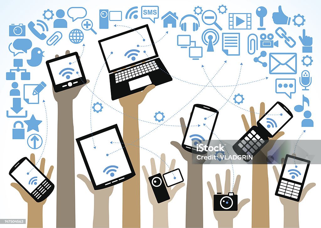 Social Network Concept social network, communication in the global computer networks. laptop phone tablet  Connection Abstract stock vector